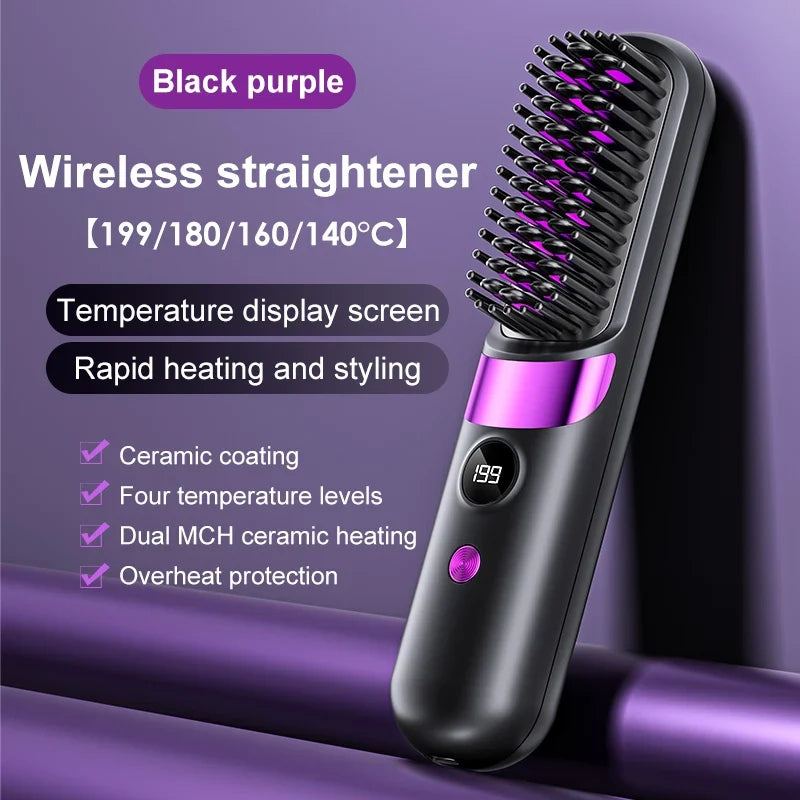 Hair Straightener Brush USB Rechargeable with LCD Display Ceramic Comb for Smooth Hair Styling at Home and Travel