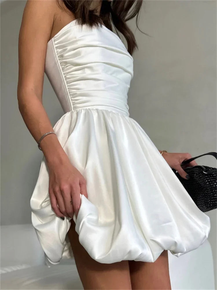 White Pleated Mini Dress For Women Bandeau Slim Patchwork Backless Elegant Fashion Dress Solid Female Party Dress 2024 New
