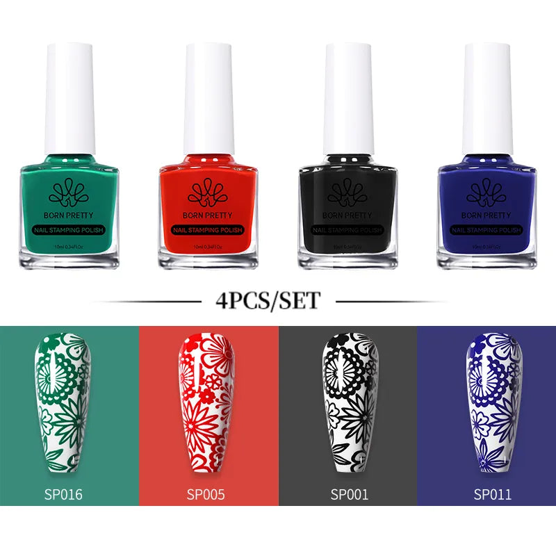 BORN PRETTY 10ml Stamping Nail Polish Set Gold Silver Black White Color Nail Printing Polish DIY for Nail Plate Design Varnish
