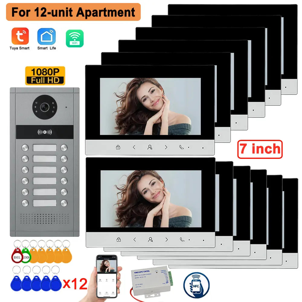 4 Wire 7 inch LCD WiFi Tuya Video Doorphone HD Camera Doorbell Intercom RFIC NFC APP Unlock System 4/6/8/10/12 Unit Apartments