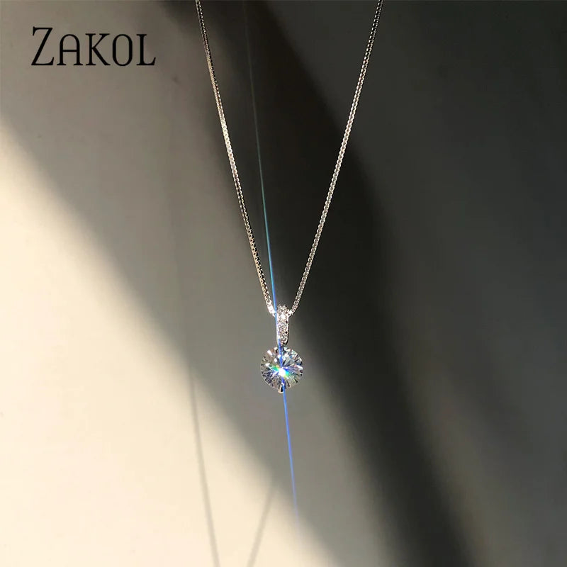 ZAKOL Simple Round Zirconia Pendant Necklaces for Women Shiny Crystal Fashion Party Dress Jewelry