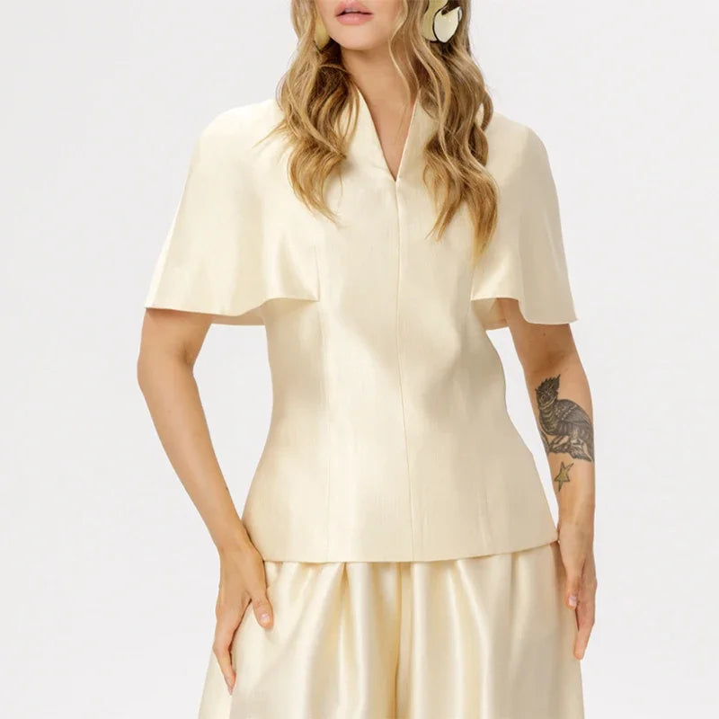 Elegant Women's Top Pant Sets Summer V-neck Short Sleeve Top High Waist Wide Leg Pant Female Suit 2026 Fashion Lady Suits