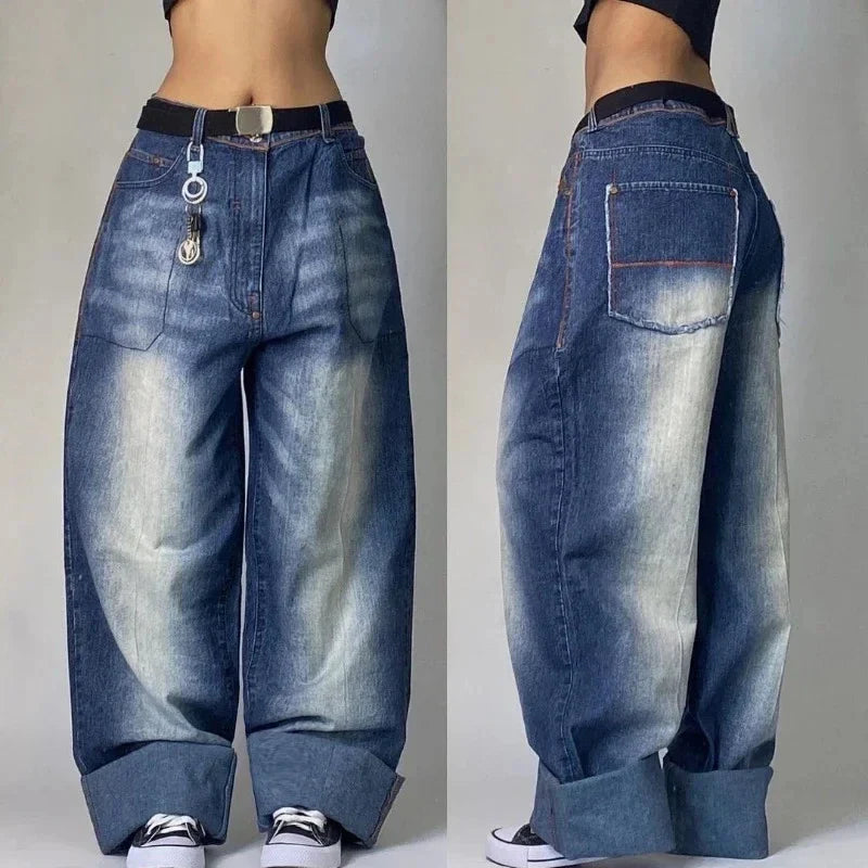 American New Fashion Pattern Embroidered Baggy Jeans Women Y2K Harajuku Vintage Gothic Hip Hop Popular High Waist Wide Leg Pants
