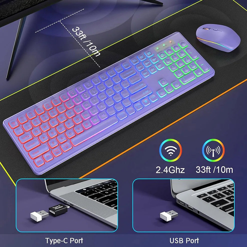 Wireless Backlit Keyboard and Mouse Combo - Rechargeable Full-Size 2.4GHz Illuminated Set for Enhanced Productivity