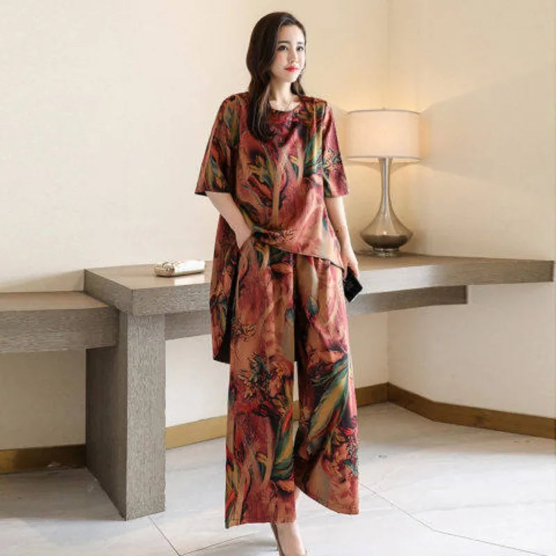 New Women Summer Loose Printed Set Lady Wide-Leg Pants Two-Piece Set Woman Casual Set Ladies Outwear Short-Sleeve Long Pants Set
