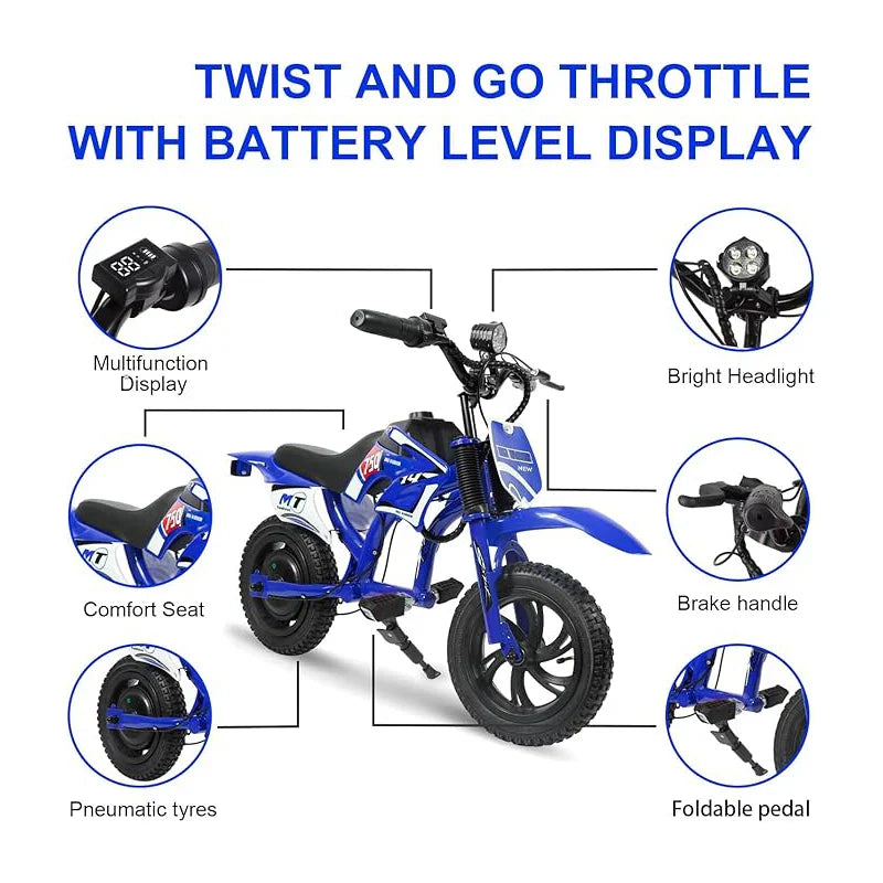 25V Electric Dirt Bike, 200W Electric Motorcycle, Up to 10MPH & 7 Miles Long Range, 3-Speed Modes for Kids Ages 3-10.