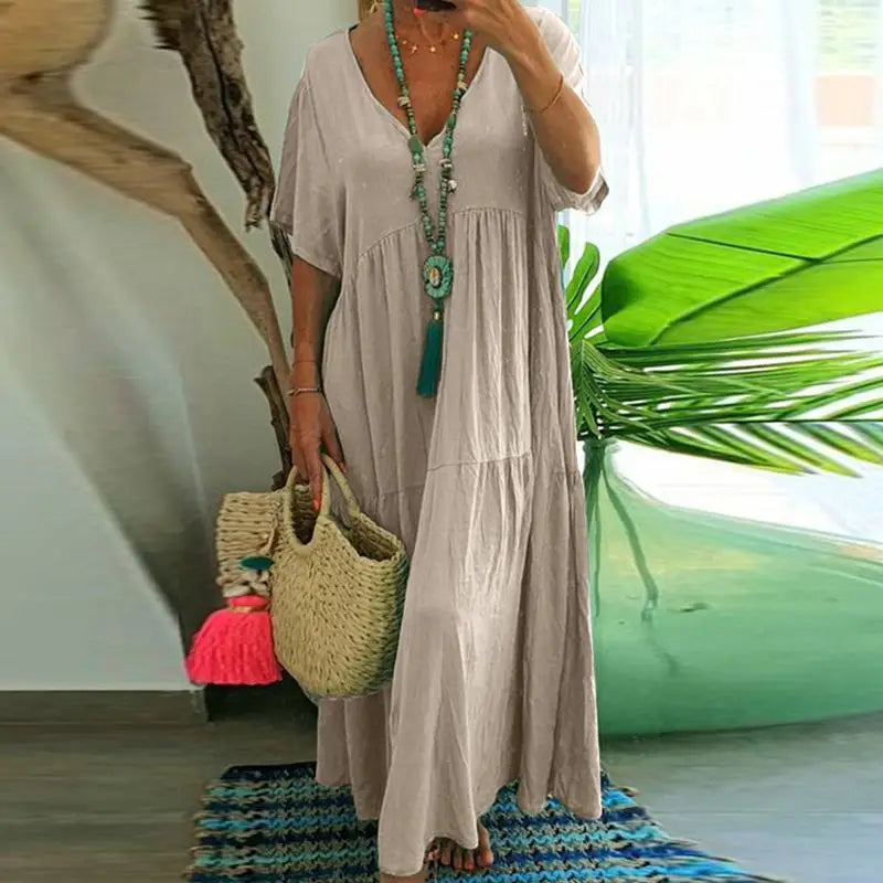 Summer New Casual Solid Color Cotton Hemp Short Sleeve Long Women's Dress Simple Loose Beach Maxi Female Fashion Dresses 2023