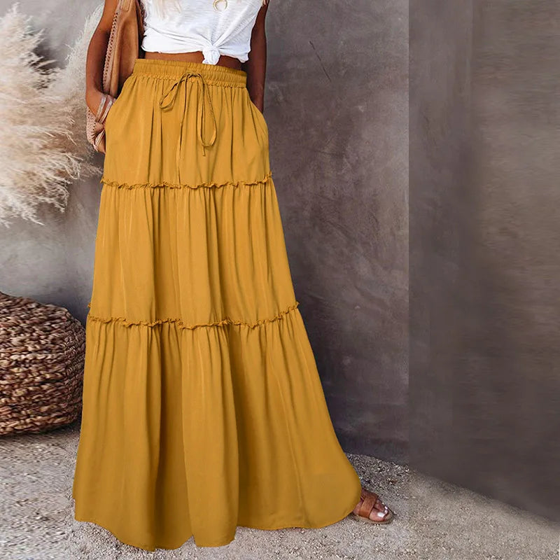 Summer High Waist Long Printed A-Line Skirt Floral Skirt Women Casual Beach Faldas Female Boho Elastic Waist Holiday Maxi Skirts