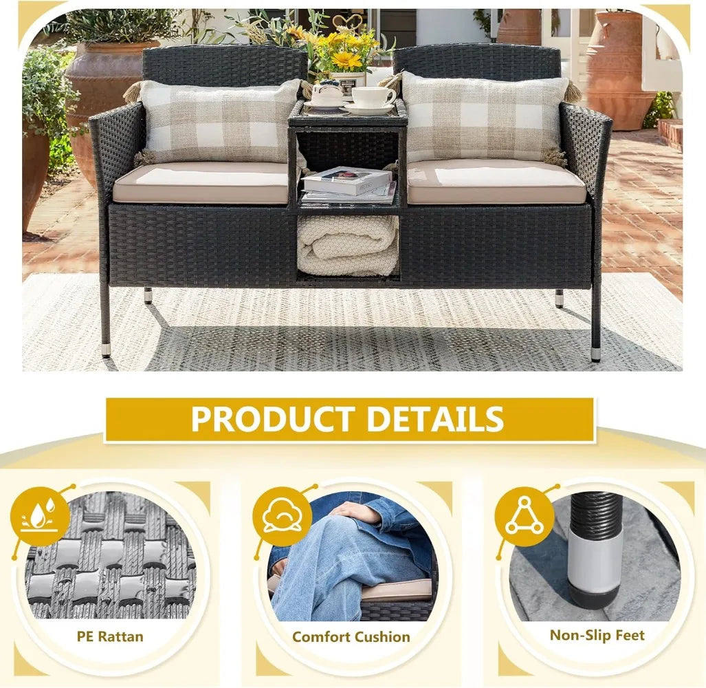Outdoor Patio Loveseat Modern Rattan 2-Seat Patio Conversation Set with Cushions & Built-in Coffee Table