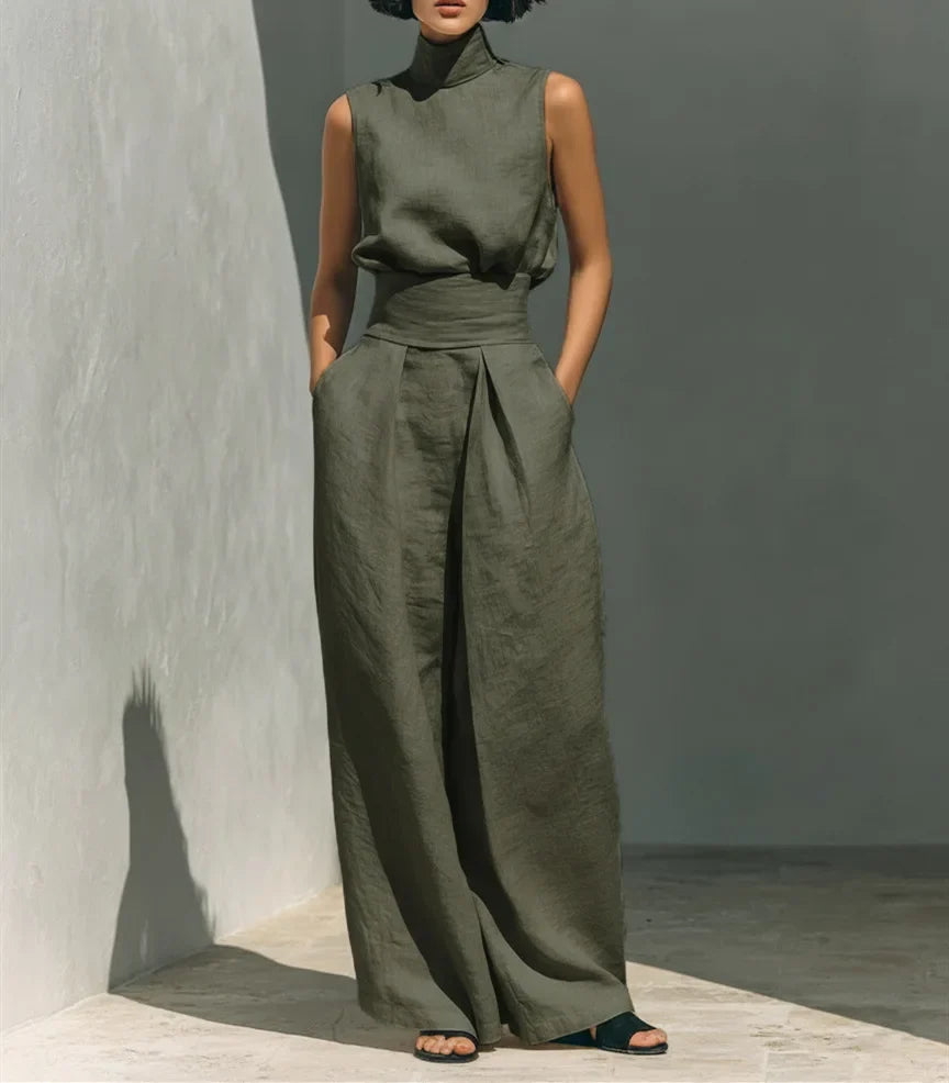 Women's Solid Color 2 Piece Set Sleeveless High Neck Top Back Keyhole High Waist Wide Leg Pants Casual Minimalist Summer Outfit