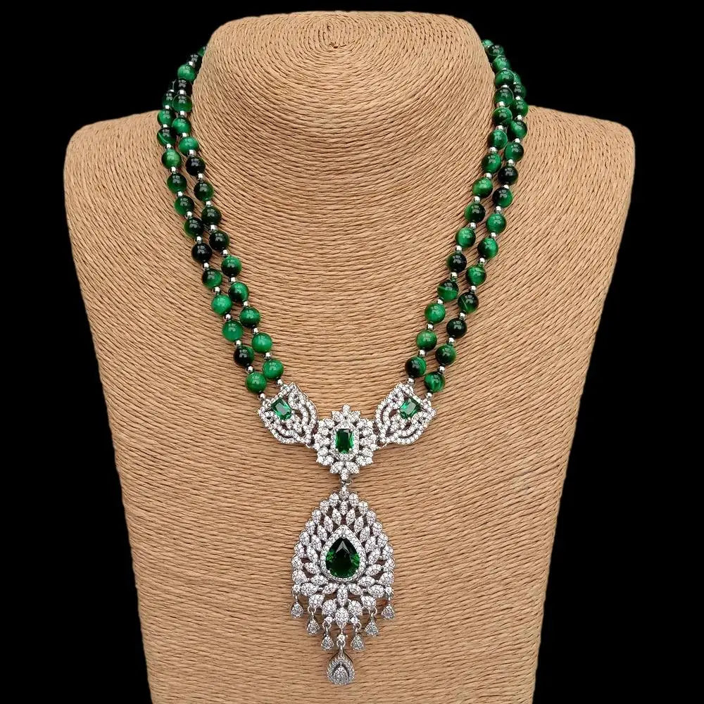 Y·YING 2 Strands Green Tiger Eye Cz Pave Pendant Necklace Gemstone Necklaces Jewelry Women