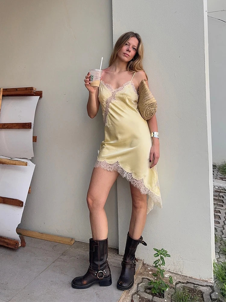 Yellow Satin Lace Splicing Sling Dress Women Elegant Irregular Hem V Neck Backless Sleeveless Gown Chic Women Party Club Vestido