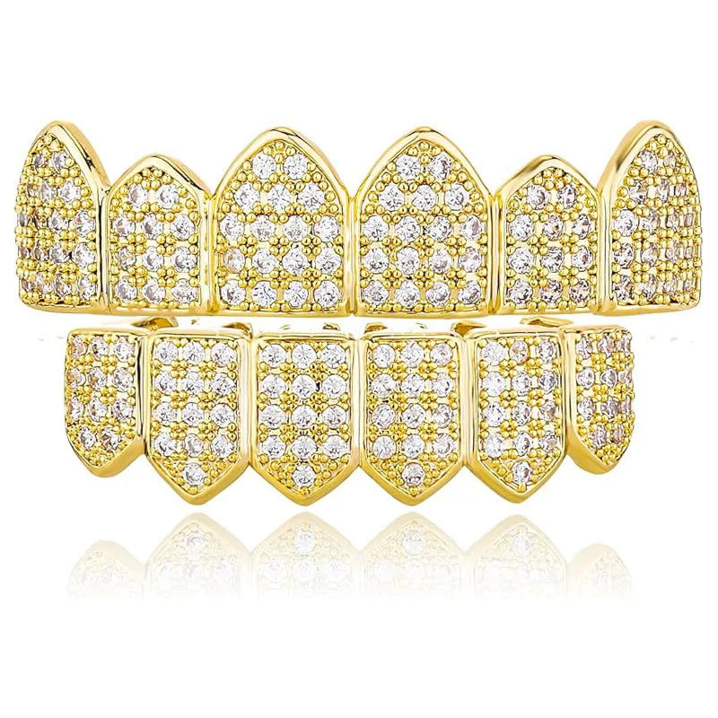 HipHop CZ Teeth Set For Unisex Top Bottom Mouth Gold Silver Color Teeth Tooth Cap Removable Dental Fashion Jewelry