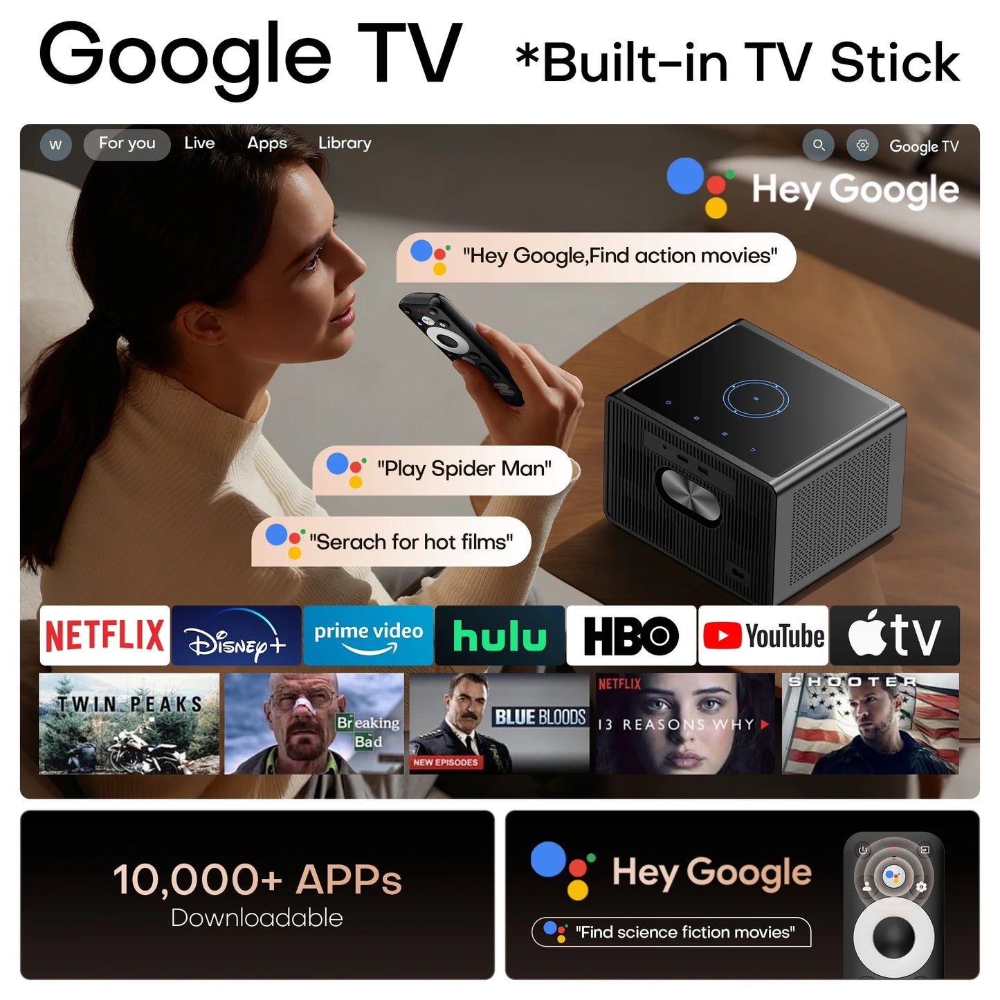 HORLAT 50000Lumens Google TV Projector Fully Sealed Optical Beamer 4K Smart Home Theater Movie Projector WiFi 6 Voice Assistant