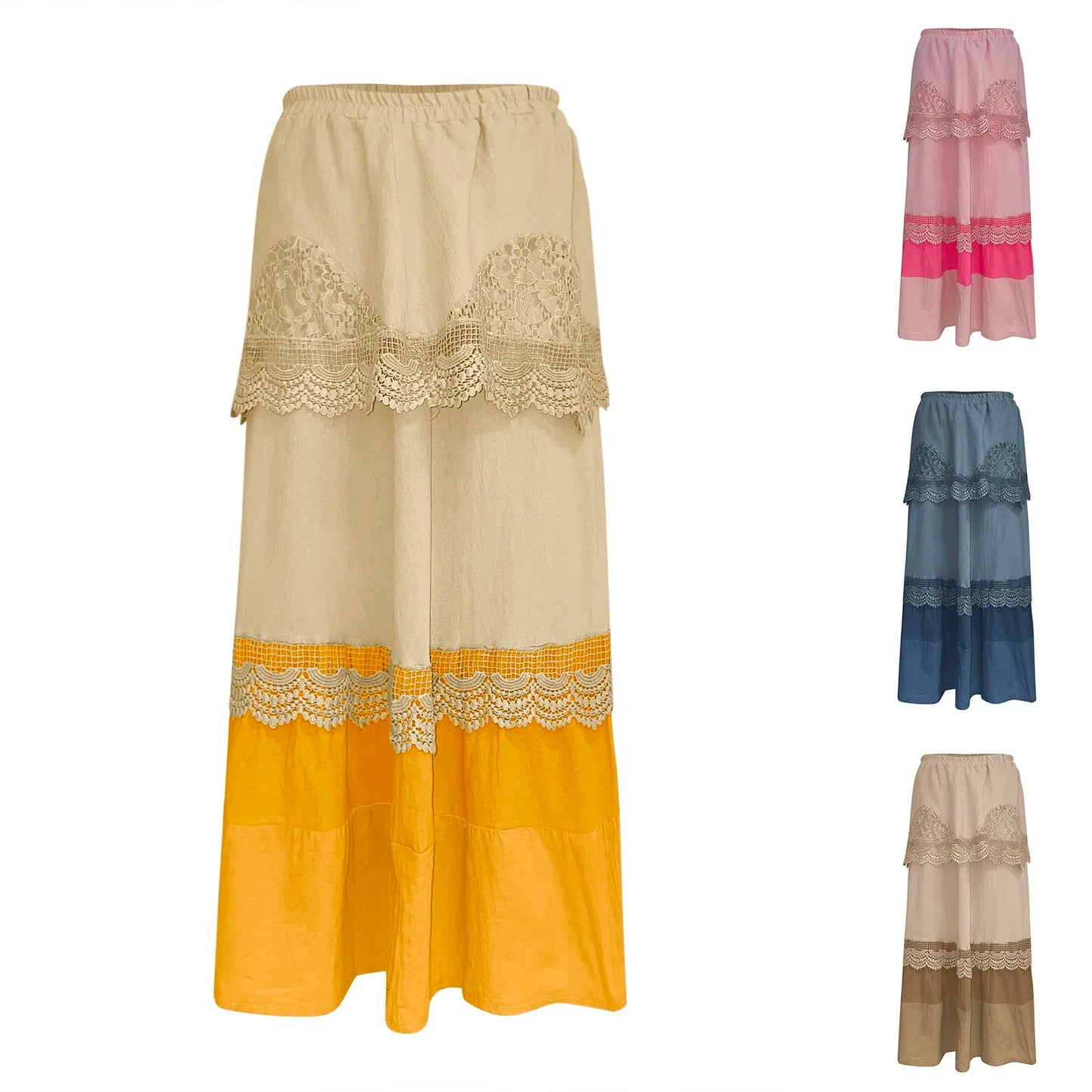 Long Maxi Skirts For Women 2024 Summer Boho Tiered Long Lace Skirt Maxi Net Flared Elegant Button Plus Size Cotton Skirt New