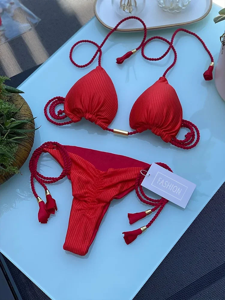 Women's Bikini New Special Fabric Solid Color Rope Swimsuit Multicolor