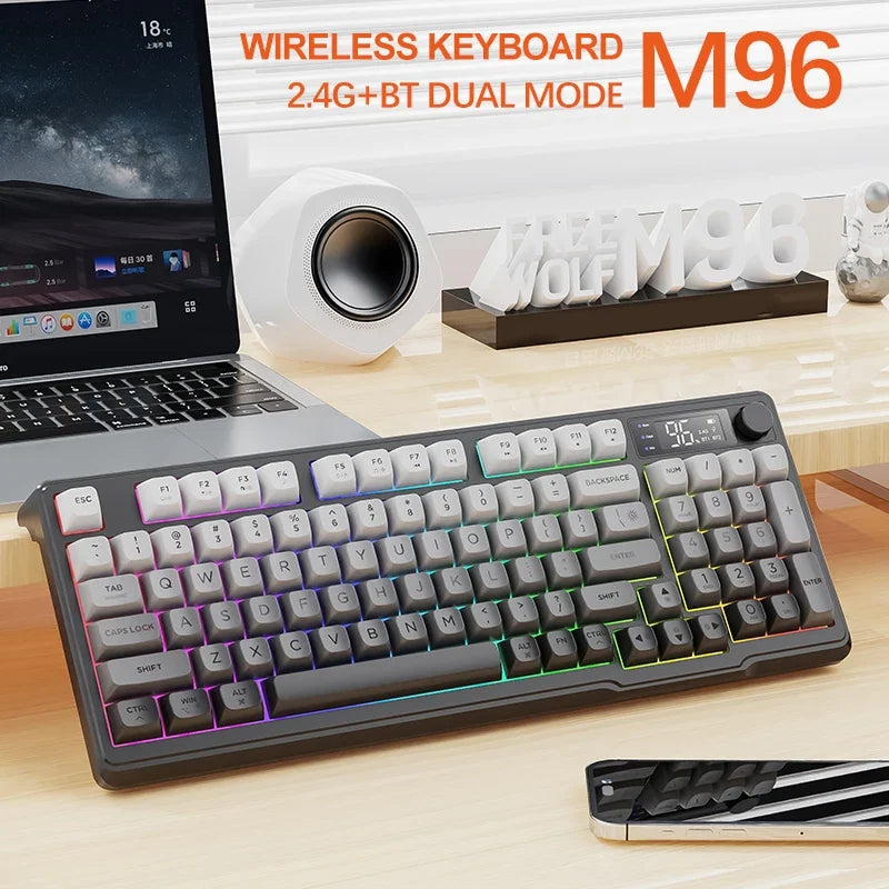 M96 Bluetooth Keyboard Wireless FREEWOLF Screen Gaming Keyboard,Electronic Screen, Multi-Device Connection,Ergonomics Gaming