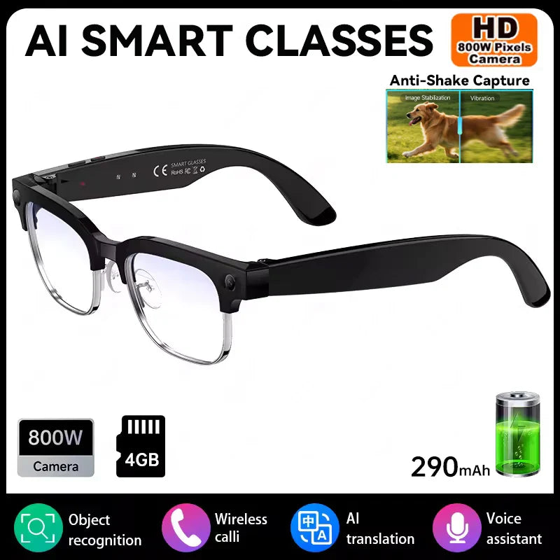 AI Smart Glasses 8MP Bluetooth, Waterproof ,IP66 with Video Recording, Photo Recognition, Translation, 290mAh Glasses for Everyday Use.