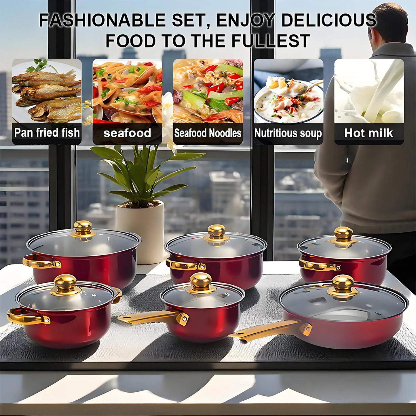 Red Cookware Set, 12-Piece ,Stainless Steel, Non-Stick.
