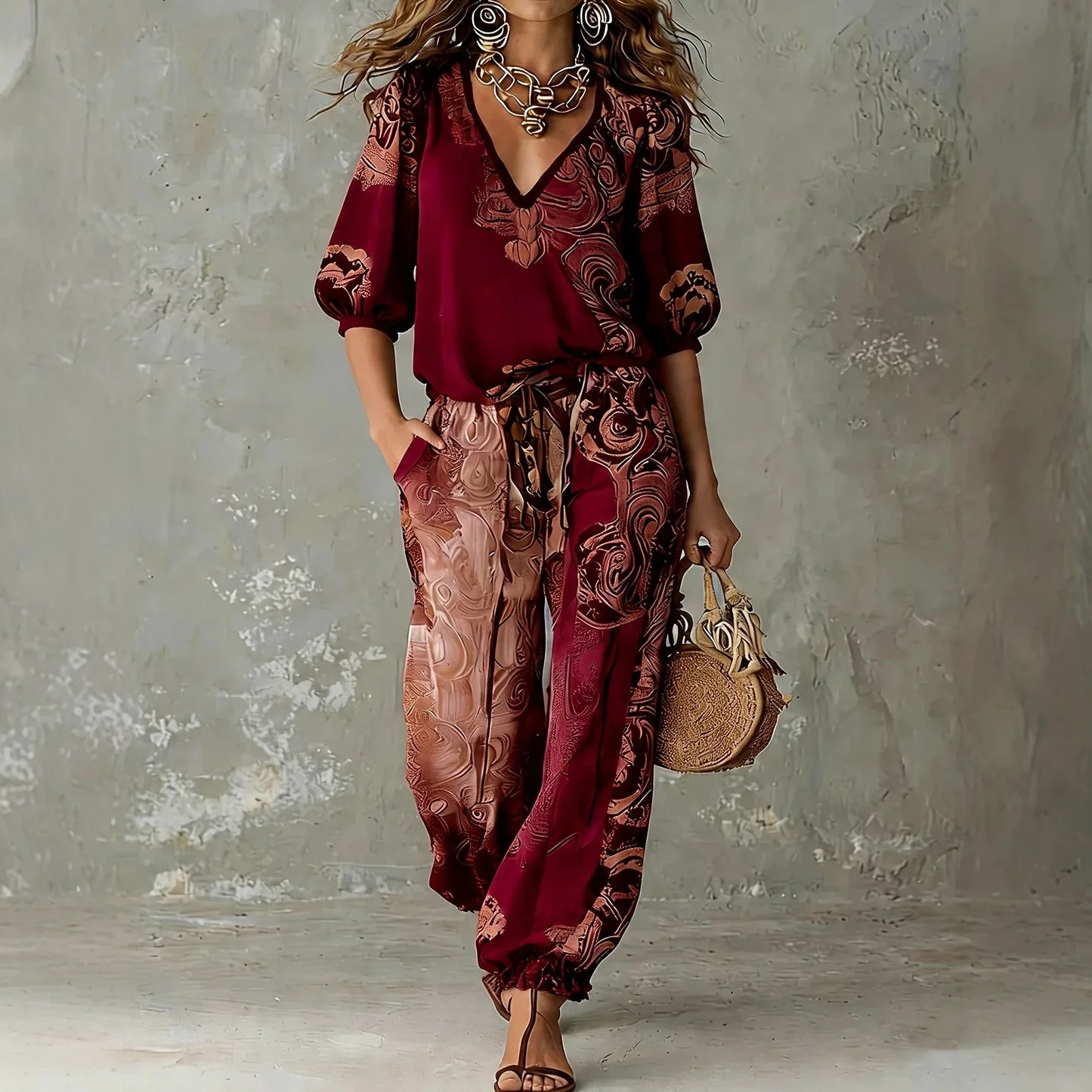 Retro Floral Print V Neck Puff Sleeve Top with Jogger Pants Matching Set for Women Spring Summer