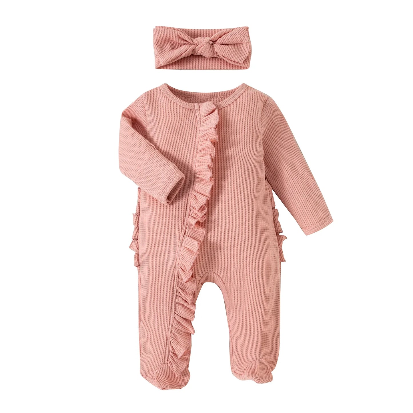 Infant BabyGirl Footies Rompers Solid Color Long Sleeve Jumpsuits Winter Fall Clothes Bodysuits with Headband