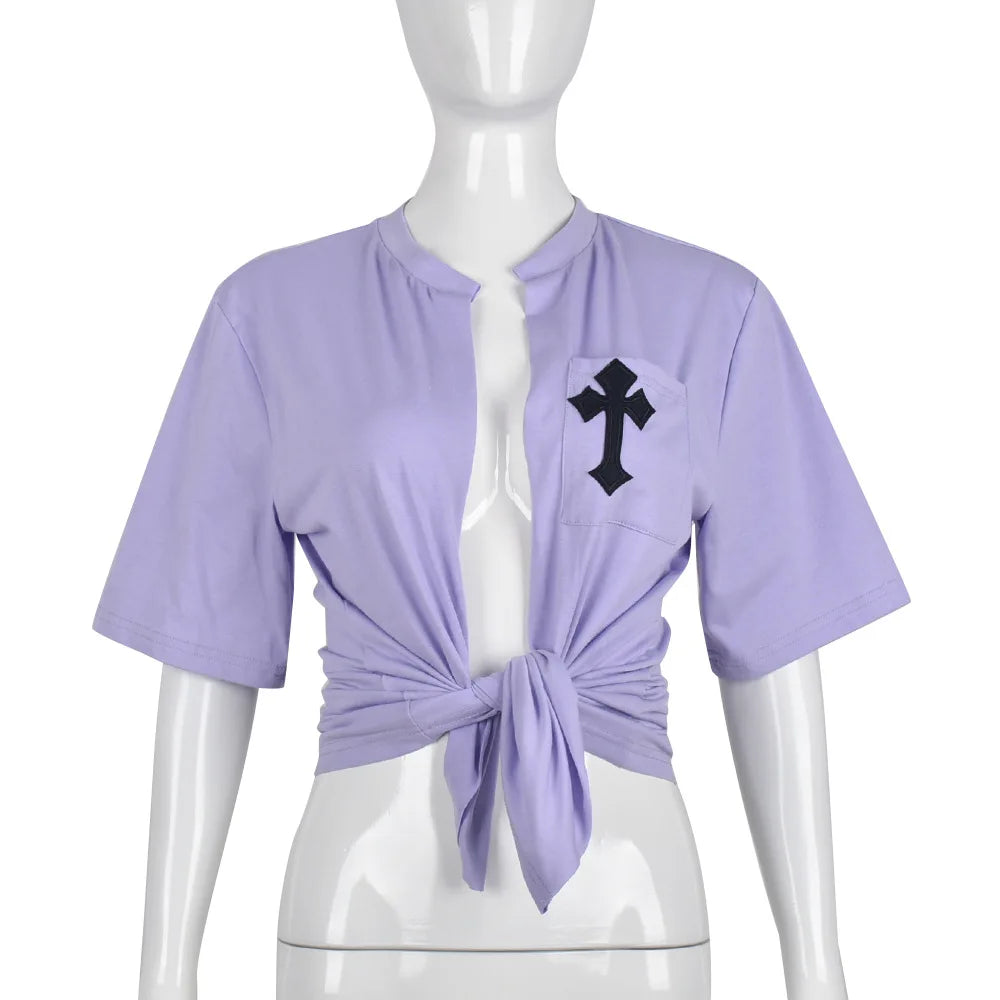 Perl White Cross Hollow Out Shirts for Women Summer Short Sleeve Female Clothes Fashion Christianity Pattern Crop Top Casual Tee