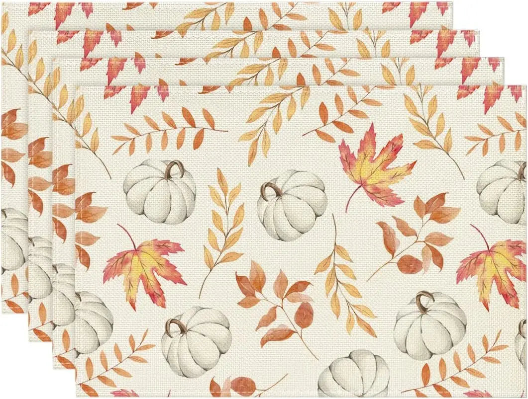 4PCS Thanksgiving Day Table Placemats 30*45cm Linen Autumn Pumpkin Maple Leaf Printed Dining Table Mat Festive Table Decoration