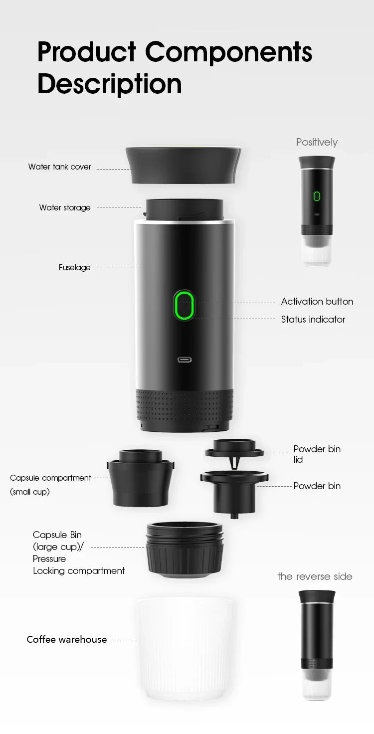 3-in-1 Portable Electric Coffee Maker 20Bar Espresso Machine, Capsule&Powder Compatible for Camping/Office/Travel with Fast Heat