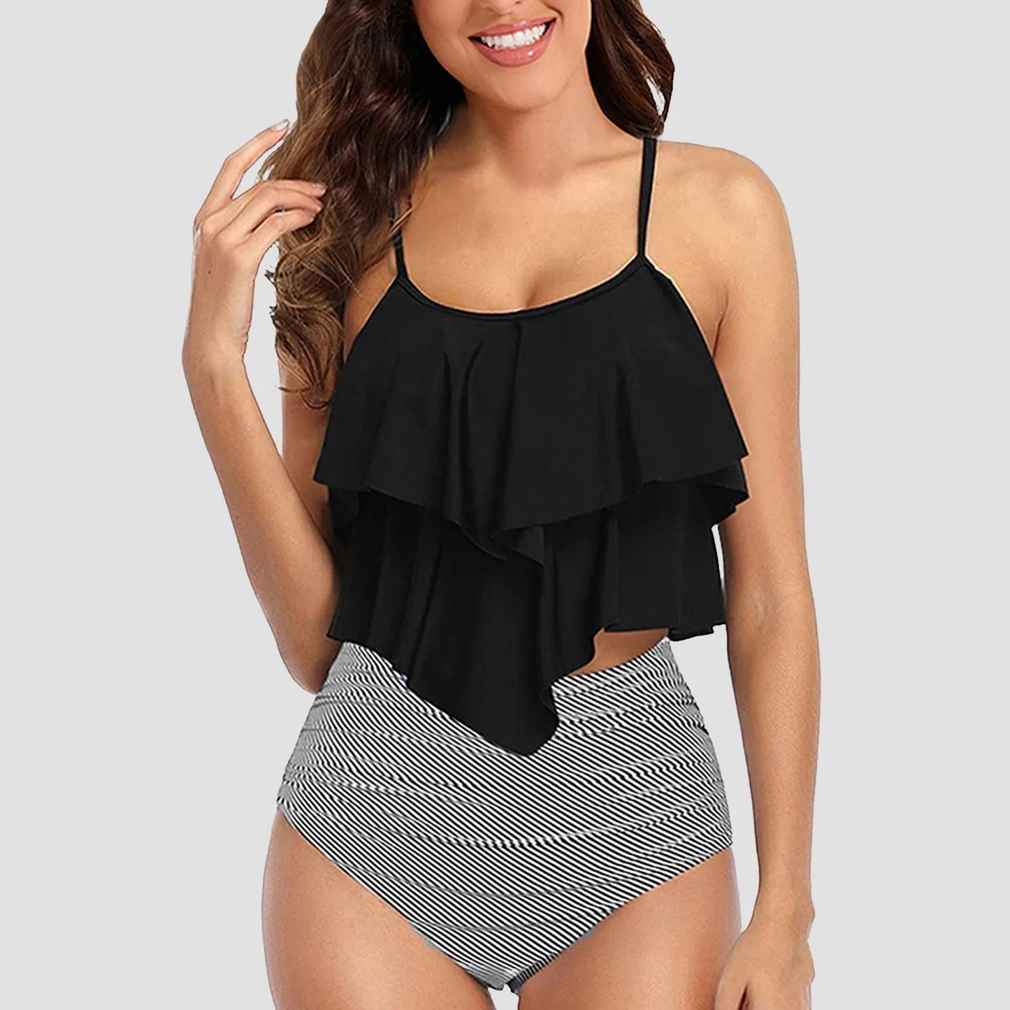 Chic Elegant Bikini Summer Multi-Layer Ruffled Edge Folds Crew Neck Sling Swimwear High Waist Thong Separate Two-Piece Swimsuit