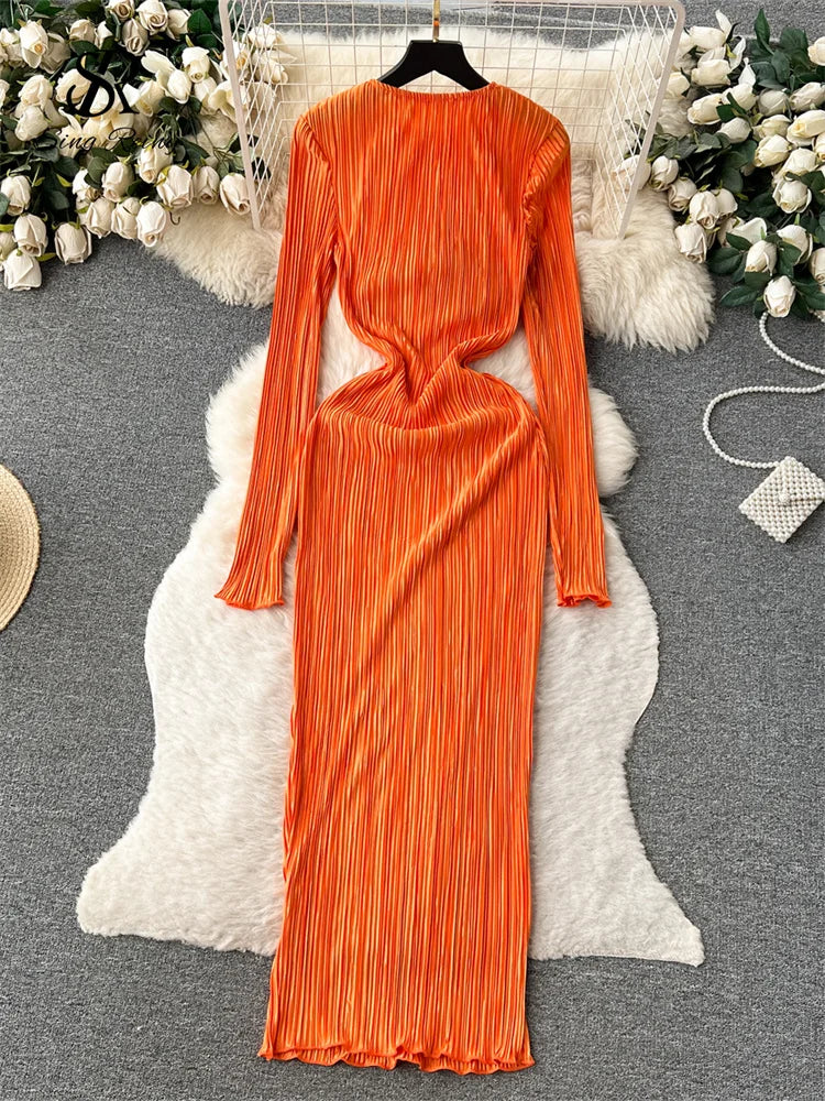 SINGREINY Solid Pleated Long Dress O Neck Full Flare Sleeves HIgh Elastic Female Skinny Fashion Autumn Retro Bodycon Party Dress