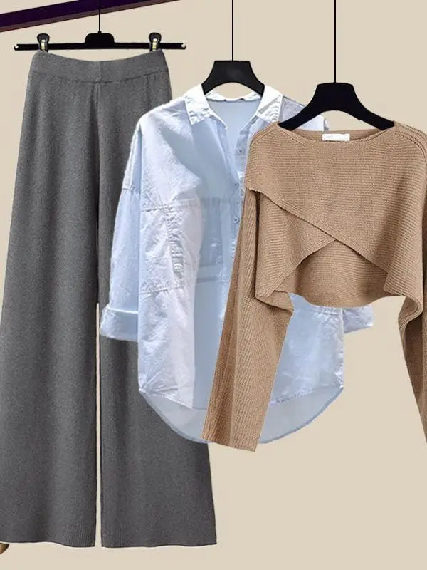 Fall Winter Knitwears 3 Pieces Set For Women Plaid Knitted Vest+solid Blouse+wide Leg Knitting Pants Sets Women Outfits 2024