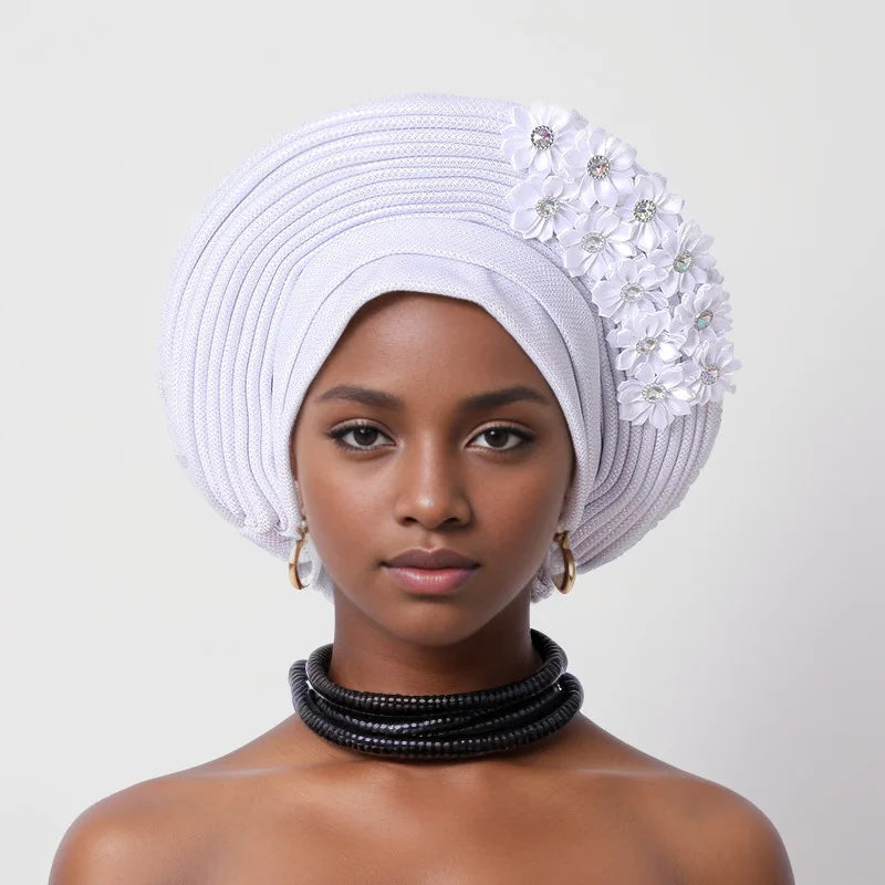 Red Multi-Layered, Turban Hat African Fan Shaped Head Wraps ,Pleated Headwear With Crystal.