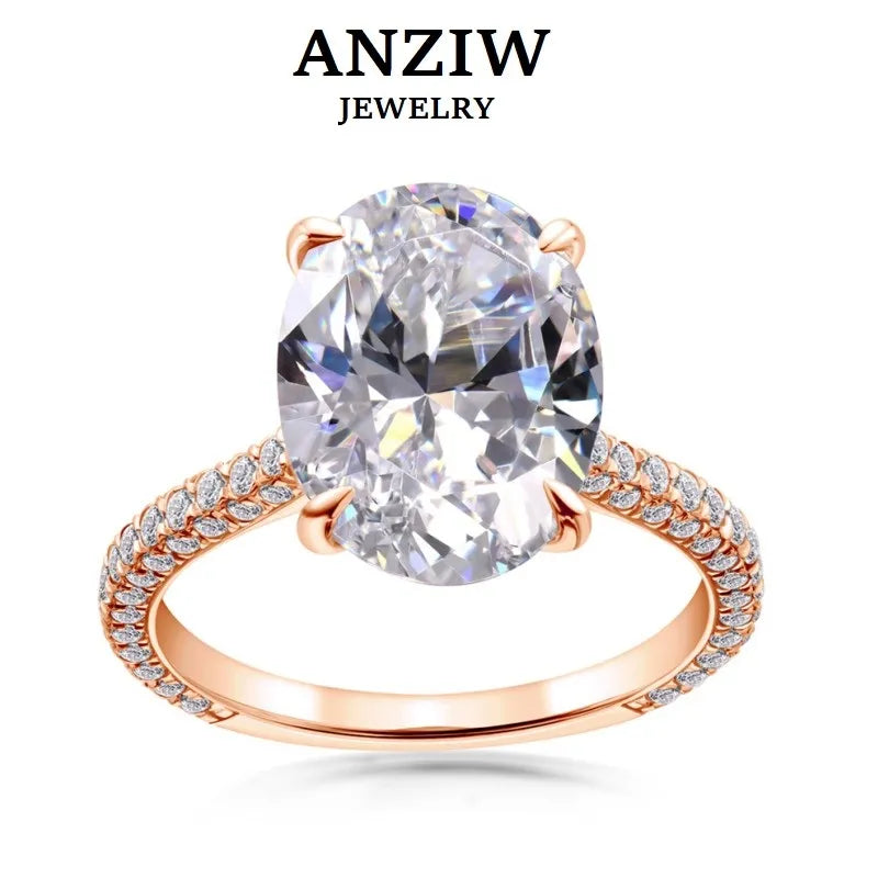 Anziw Rose Gold 5.0CT Wedding Ring 10x14mm Elliptical Big SONA Diamond Engagement Band Solid 925 Silver Luxury Women's Jewelry