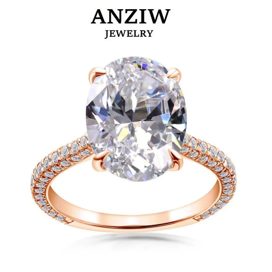 Anziw Rose Gold 5.0CT Wedding Ring 10x14mm Elliptical Big SONA Diamond Engagement Band Solid 925 Silver Luxury Women's Jewelry