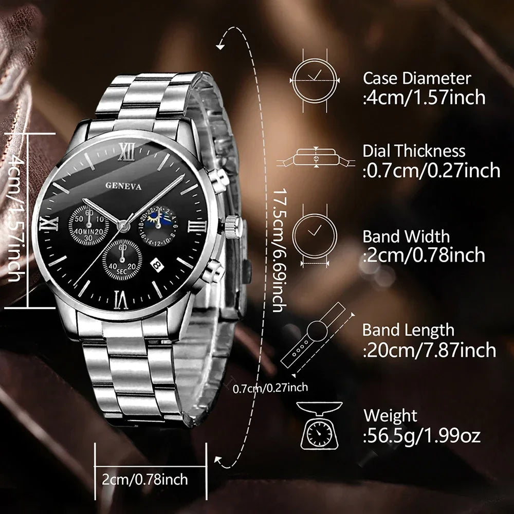 4PCS Men's Watch Set Quartz, Cross Pendant Necklace, Ring, Bracelet Set Perfect Gift for Him!!