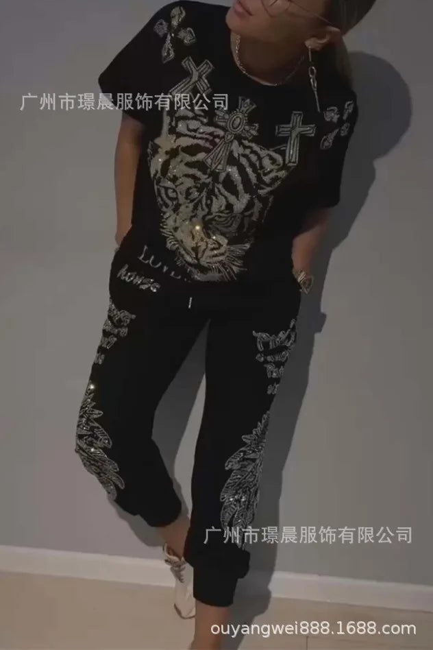 Spring Women Suit Print O-neck Short Sleeve Top Lace Up Long Pants Suits Female New Casual Elegant Trendy Ladies Clothes