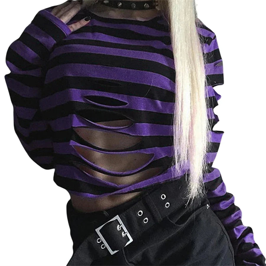 Gothic Black Striped Holes Ripped T-Shirts Women Grunge Punk Aesthetic Clothes Long Sleeve O Neck Cropped Pullovers Streetwear