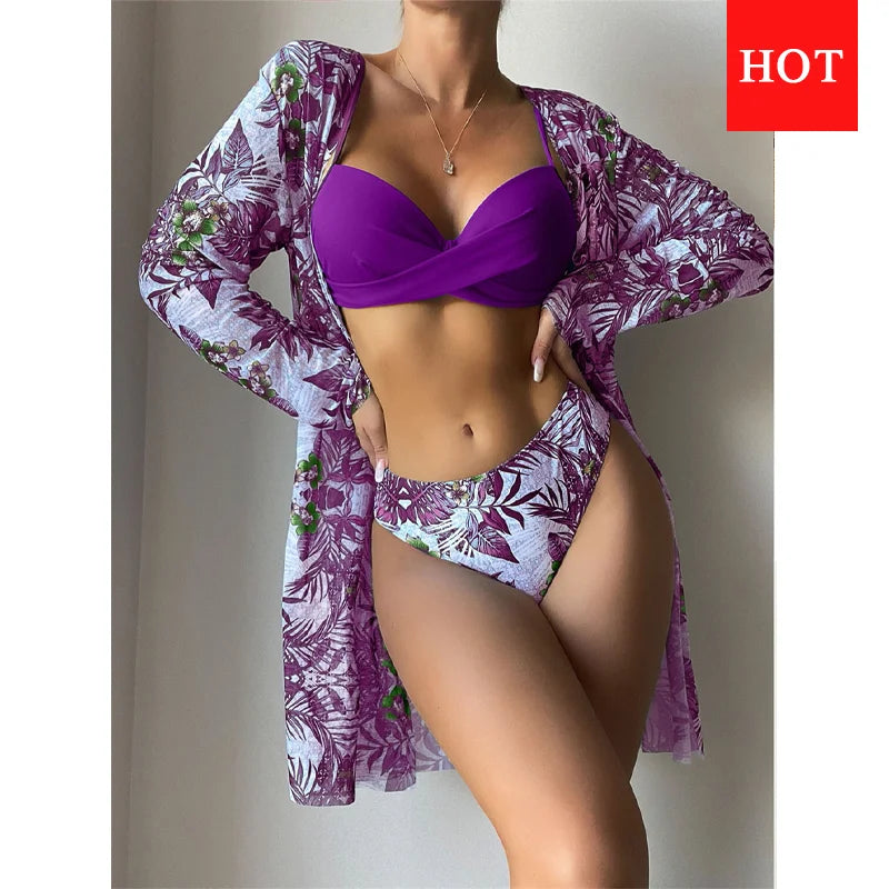 Three Pieces Bikini Set Cover Up Women New Push Up Twist Swimsuit Print Long Sleeve Swimwear Biquini Bathing Suit Summer