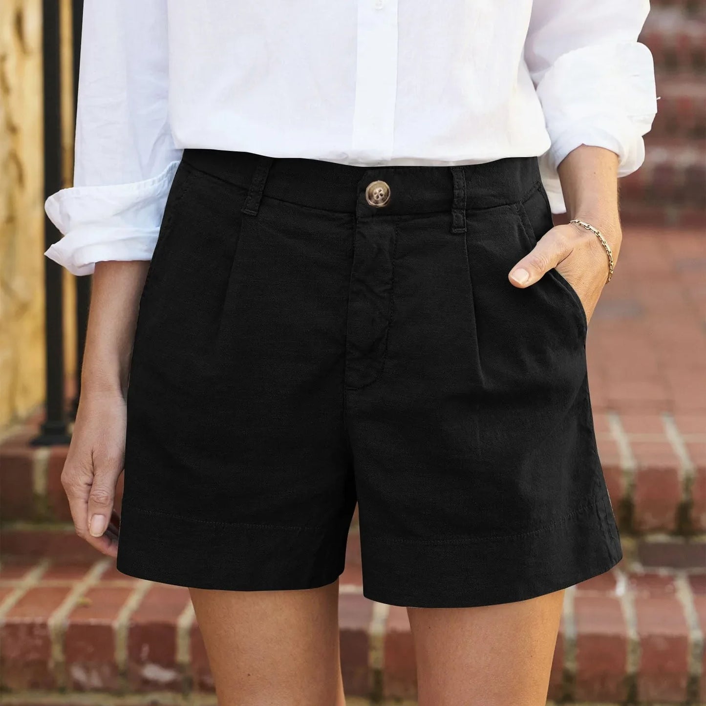 Women'S Summer Shorts Soft Stretch Twill Shorts With Side Pockets Classic Solid Straight Button Daily Commute Comfy Shorts