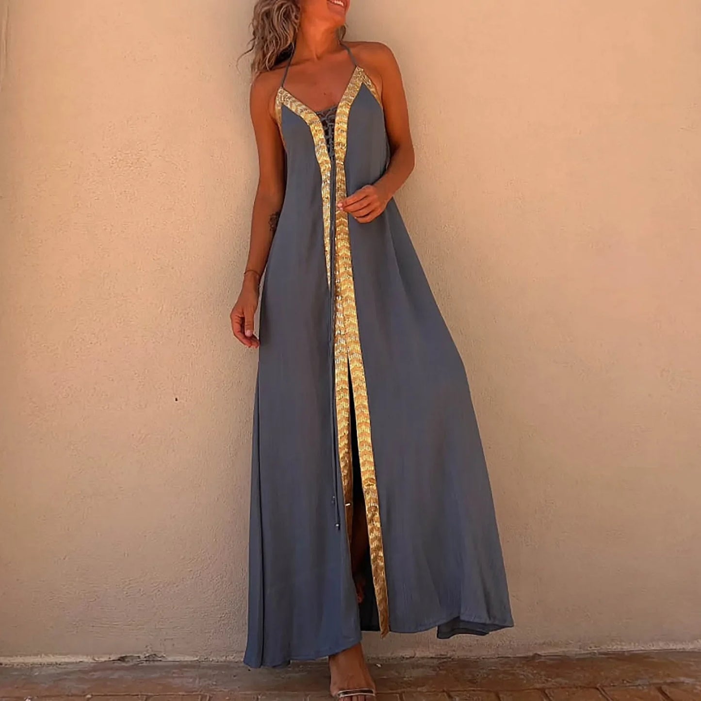 Summer Womens Boho Dresses Lace Up Halter Maxi Dress Vacation Beach Dresses Vestidos Bohemian Long Sundress платье женское