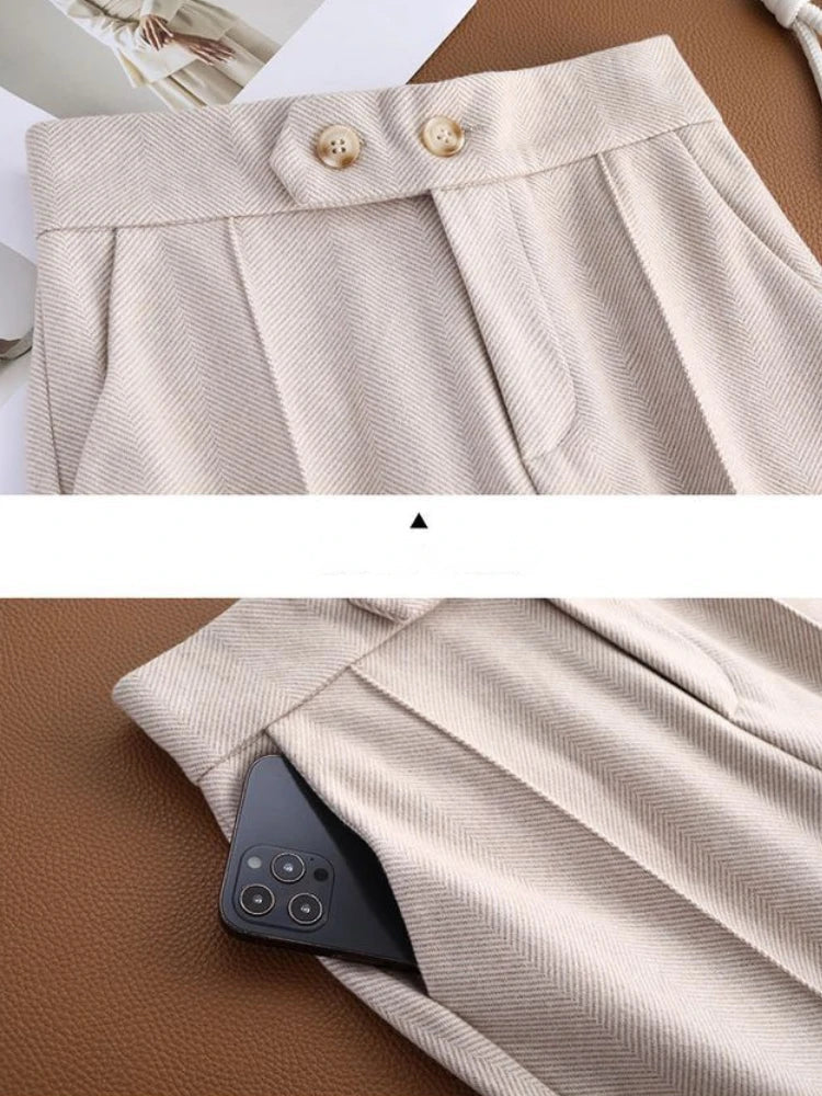 Herringbone Woolen Cloth Wide Leg Pants Women Autumn and Winter 2023 High Waist Pants Vintage Slim Elastic Waist Woman Trousers