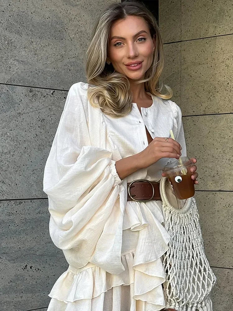 Elegant Layer Ruffles Hem Mini Dresses Chic Loose O Neck Lantern Sleeve Button A-line Cake Dress New Ladies High Street Vestidos