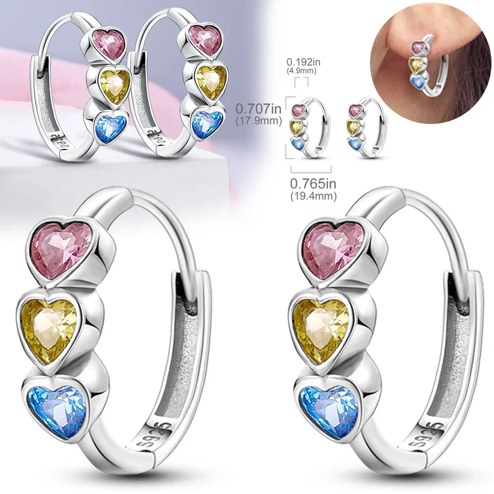 Romantic Heart Shapen Girl Earrings 925 Silver Rainbow Heart Hoop Earring Silver Jewelry Gift