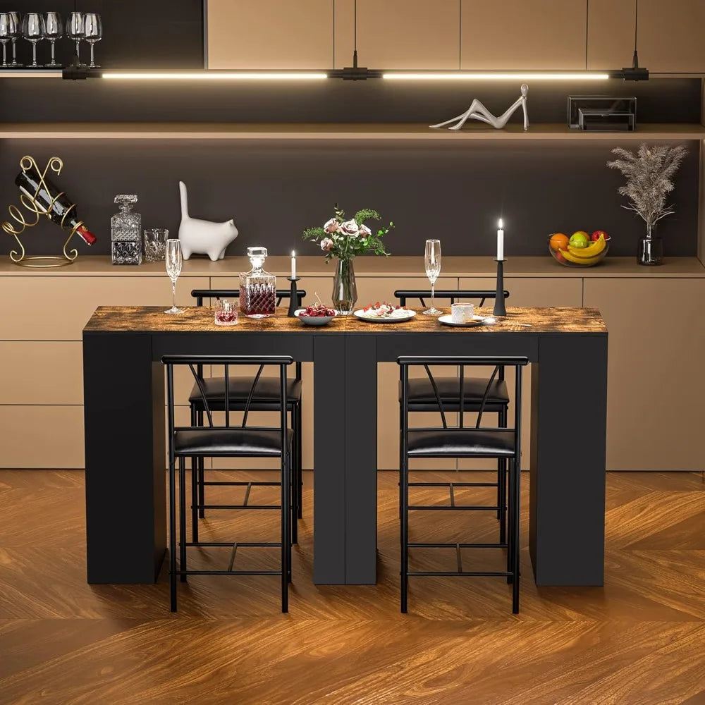 Compact Bar Table and Chairs Set for 2, with Storage Shelves, Space-Saving, Black.