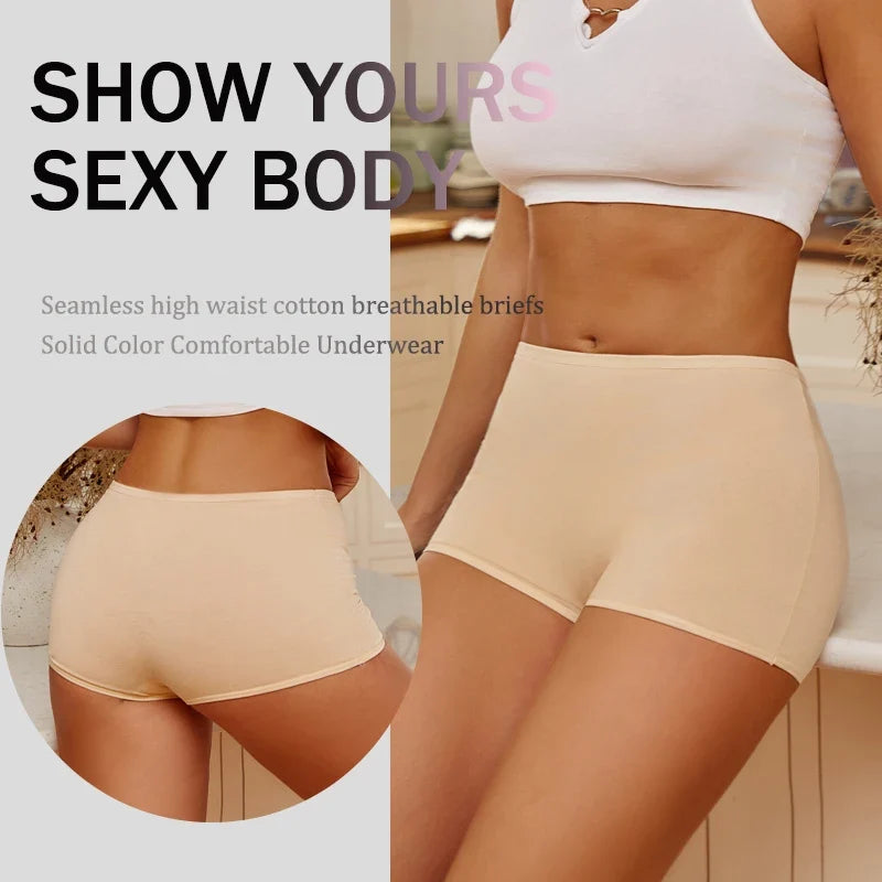 FINETOO 3PCS Women Seamless Cotton Boxer Short Solid Color High Rise Elastic Underwear Female Breathable Boyshorts Sexy Lingerie