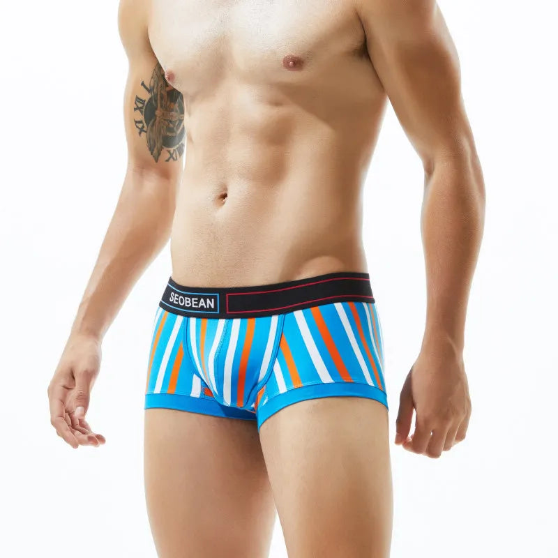 Men's underwear with low waist, slim fit, striped, sexy, fashionable, high elasticity, breathable four corner flat bottom pants