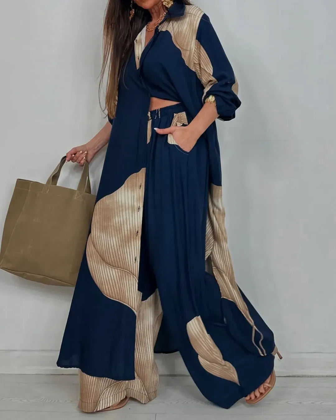 Elegant Lady Set Printed Long Shirt Top Wide Leg Pants 2-piece Outfit Casual Loose Oversized Women Sets Casual Two-piece Outfit
