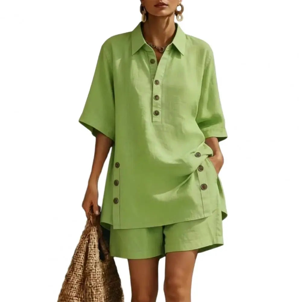 Cotton Linen Set for Women Button Short Sleeve Shirt And Wide Leg Shorts 2 Piece Outfit Summer Casual Beach Lounge Sets