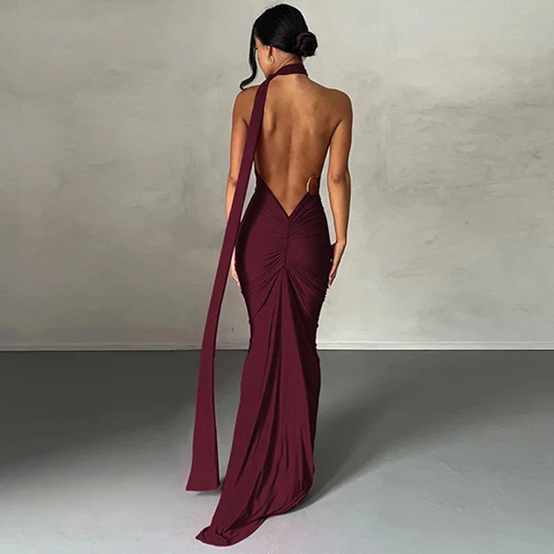 Hugcitar One Shoulder Backless Adjustable Scarf Loop Ruched Sexy Maxi Dress 2025 Women Elegant Y2K Streetwear Festival Outfit