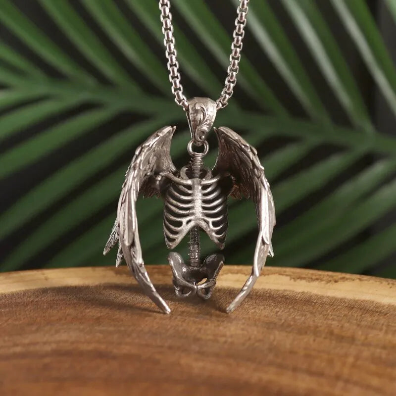 Gothic Wings Grim Reaper Pendant Half Body Skull Necklace Biker Punk Rock Jewelry Halloween Gift